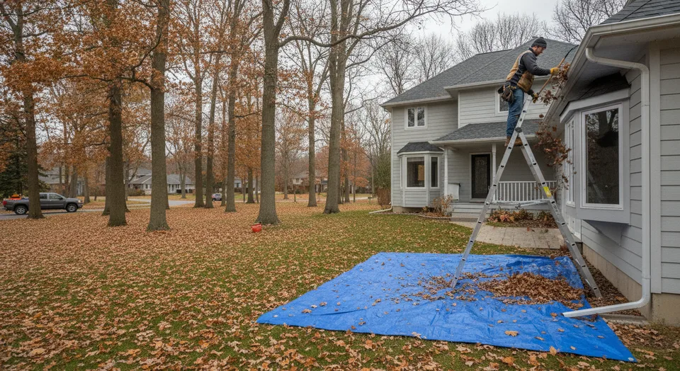 A worker on a stand-off ladder clearing leaves from the eavestrough of a two-storey house on a large treed lot in Waterloo, Ontario